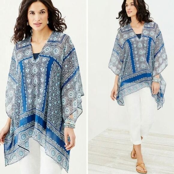 J.jill one size blue boho Aztec western sheer poncho tunic top - Picture 1 of 4